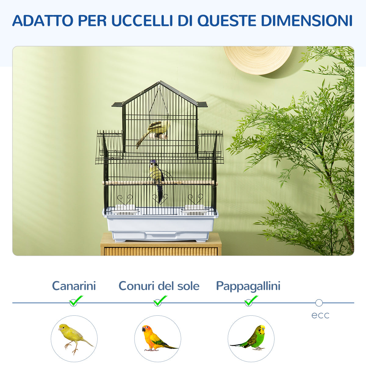 Metal and Plastic Bird Cage with Carrying Handle and Removable Tray, 50.5x41x63 cm, White