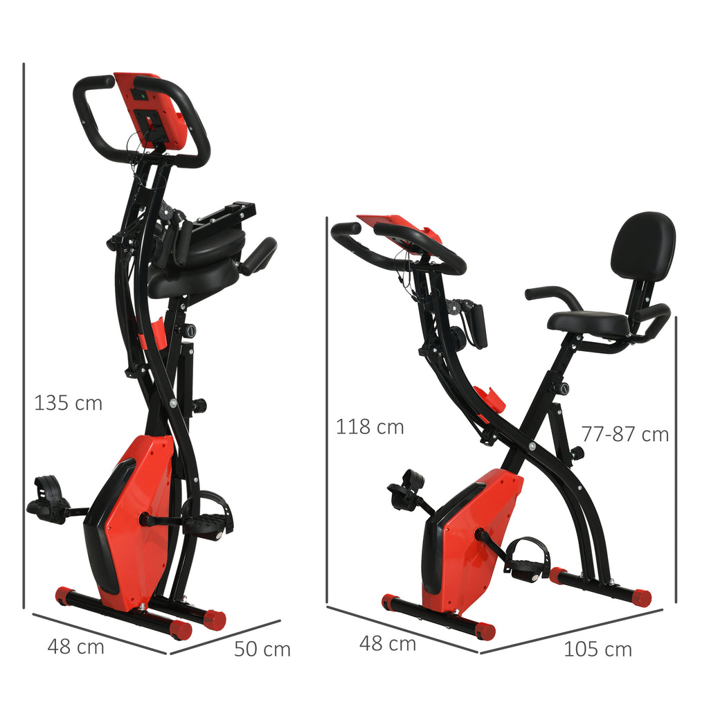 Folding Exercise Bike, 8 Level Adjustable Magnetic Resistance, Fitness Bike with Heart Rate Sensor, Arm Bands, LCD Screen, Red
