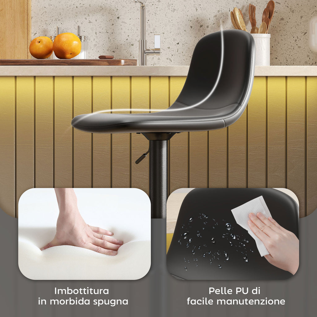 Set of 2 Bar Stools with Backrest and Footrest, Adjustable Height, PU Leather and Padding, Black