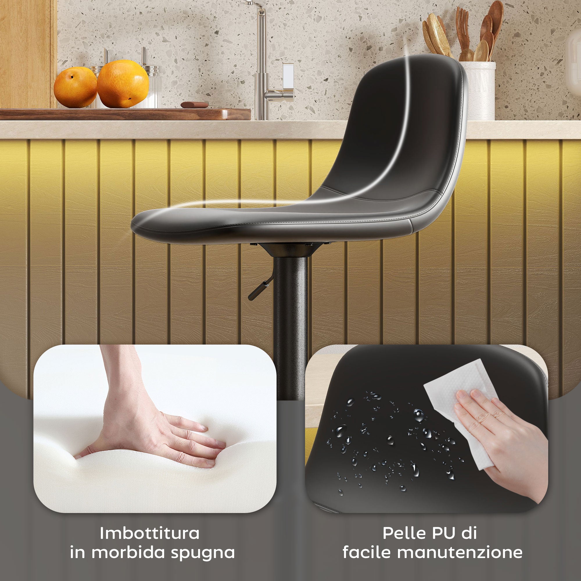 Set of 2 Bar Stools with Backrest and Footrest, Adjustable Height, PU Leather and Padding, Black