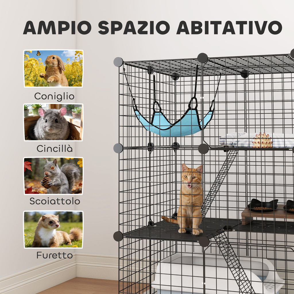 PawHut Cat Cage, Customizable 3-Tier Enclosure, 105cm, Black