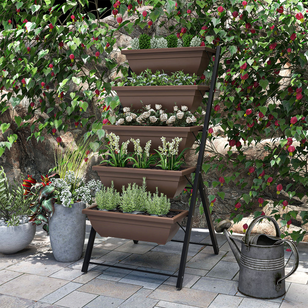 Outsunny 5-Tier Vertical Plant Stand with 5 Pots with Drainage Holes, Steel and PE, 55x63x120 cm, Brown