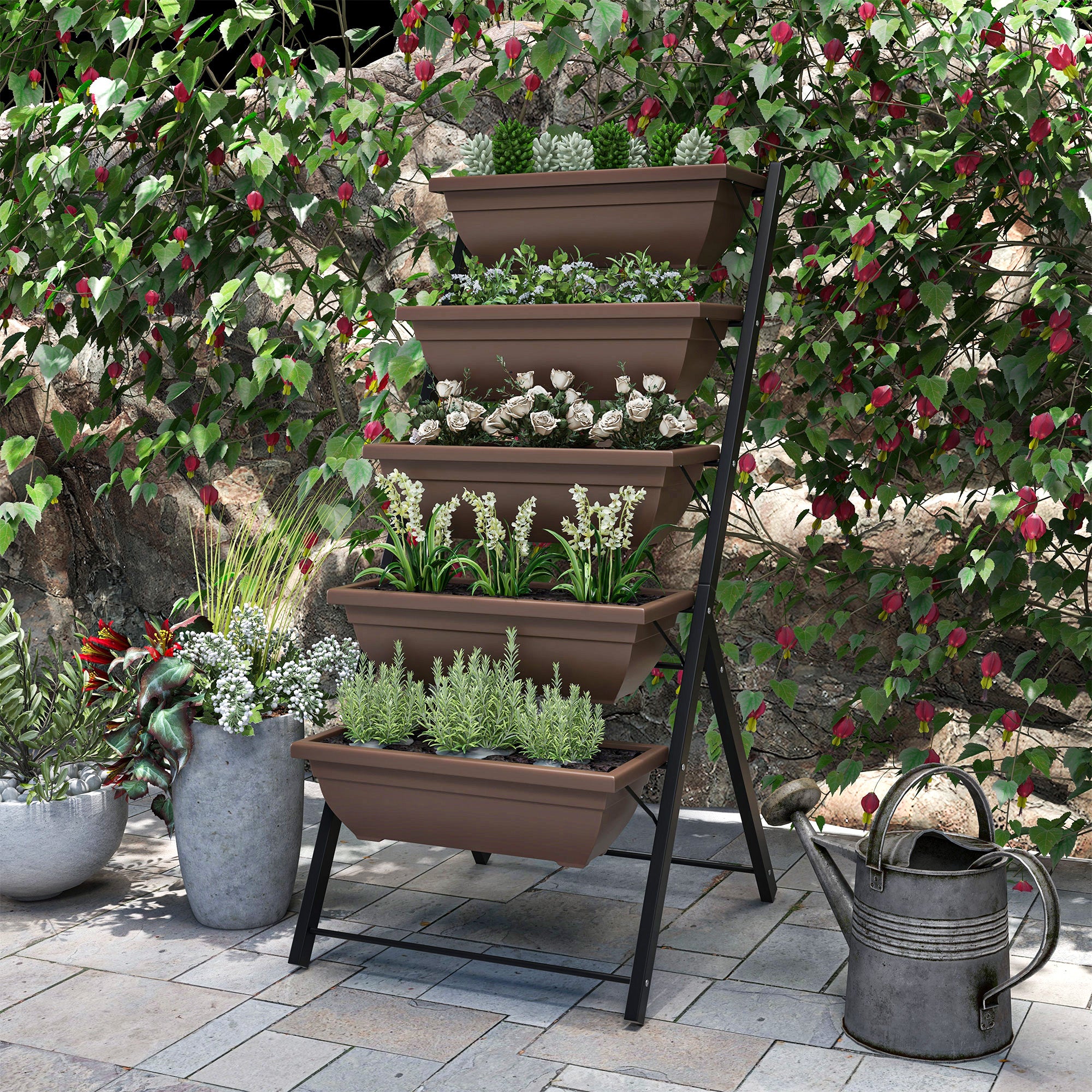 Outsunny 5-Tier Vertical Plant Stand with 5 Pots with Drainage Holes, Steel and PE, 55x63x120 cm, Brown