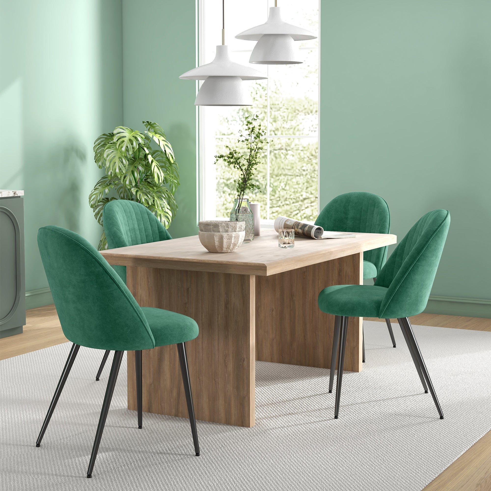 HOMCOM Set of 4 Modern Padded Chairs with Curved Back, in Velvet Effect Fabric and Steel, 50x52x83 cm, Green - Borgè