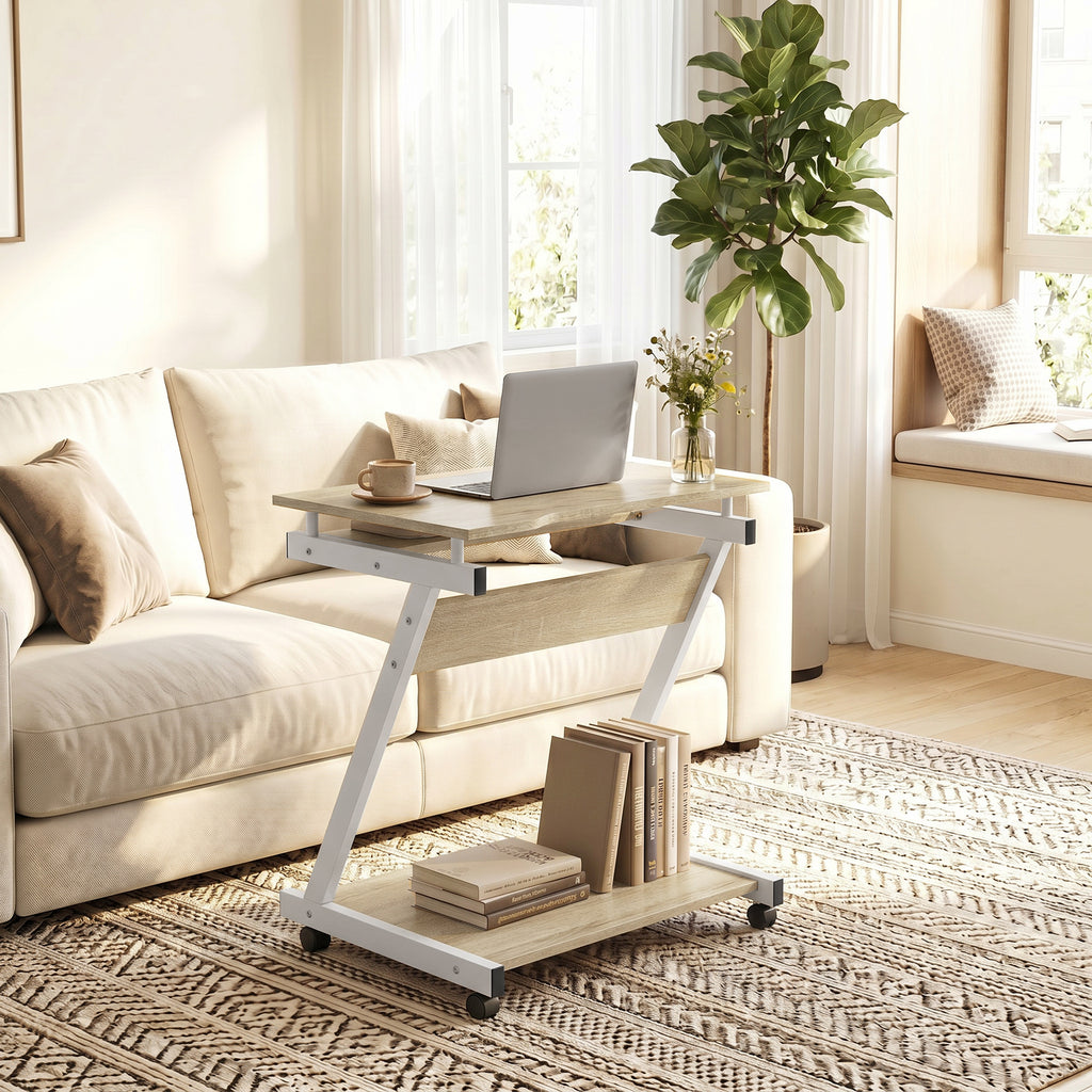 HOMCOM Computer Desk with 4 Wheels, Sliding Keyboard Tray, Oak Color