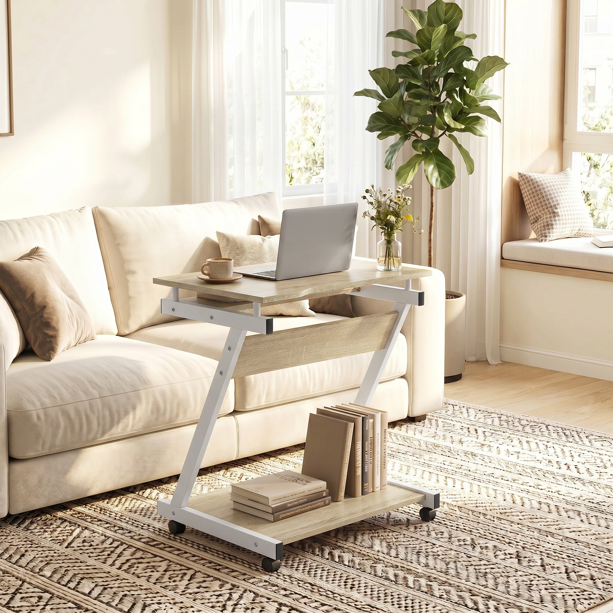 HOMCOM Computer Desk with 4 Wheels, Sliding Keyboard Tray, Oak Color