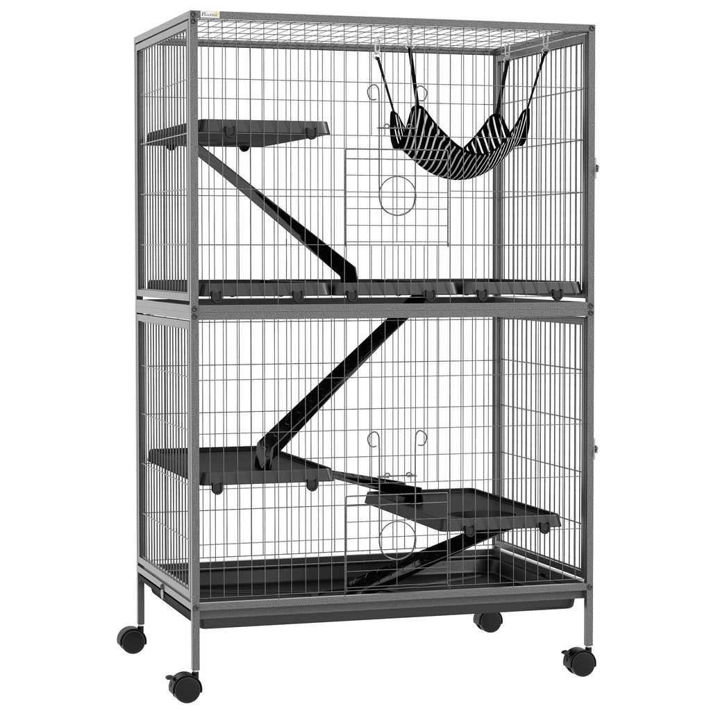 Rodent Cage with 4 Multi-Level Entrances and Hammock, Metal and PP, 80x52x128 cm, Silver and Grey