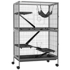 Rodent Cage with 4 Multi-Level Entrances and Hammock, Metal and PP, 80x52x128 cm, Silver and Grey