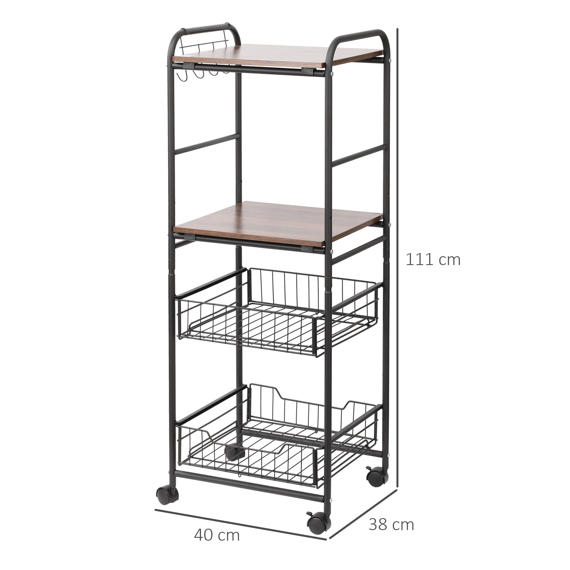 Kitchen trolley with 2 removable metal baskets, 2 chipboard shelves and side hooks, 40x38x111cm - Borgè