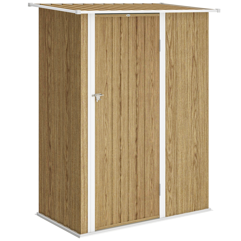 Outsunny Metal Tool Shed with Sloped Roof and Lockable Door, 142x86x189 cm, Wood Color