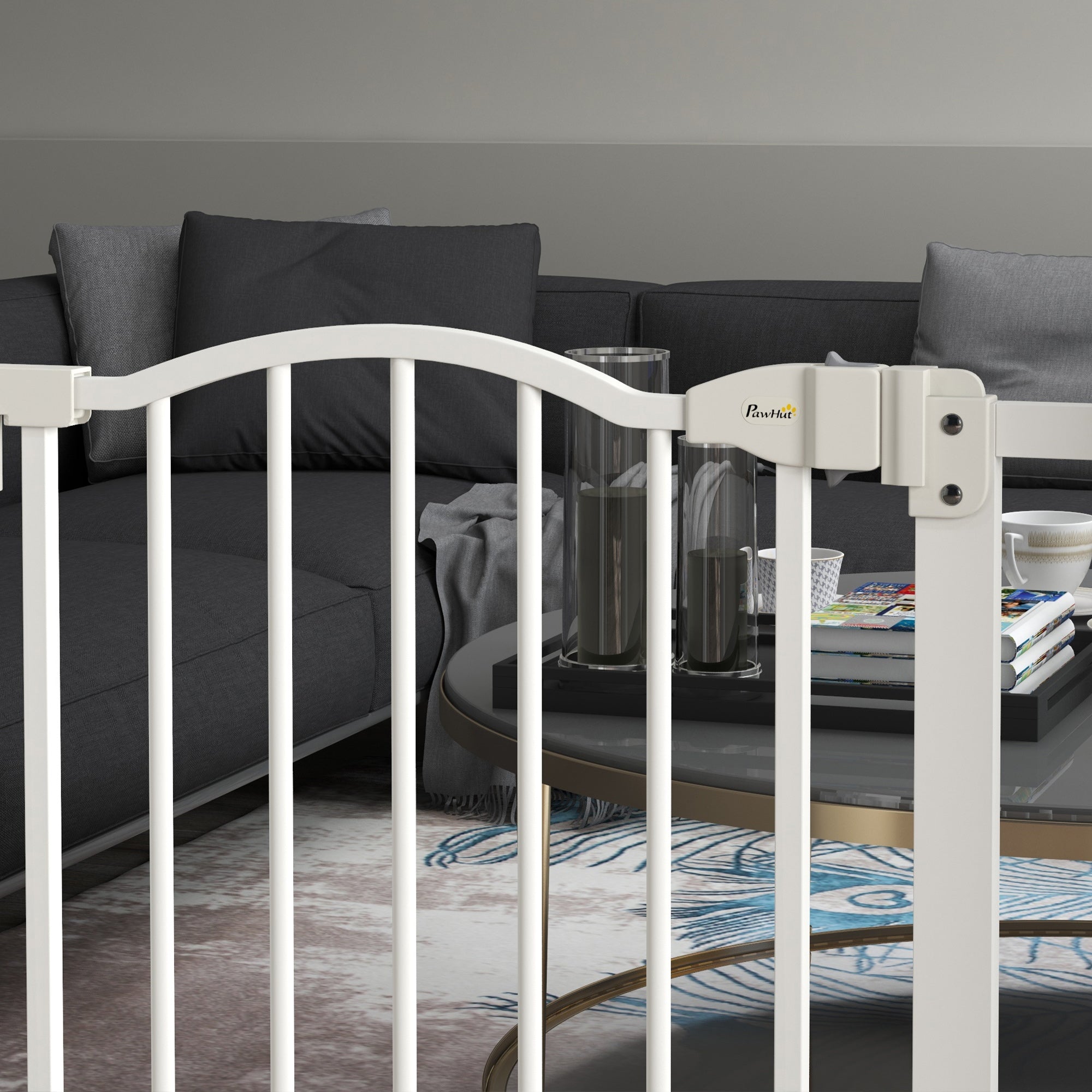 Extendable Dog Gate with 2 Locks and Self-Locking, Metal and Plastic, 74-87x78 cm, White