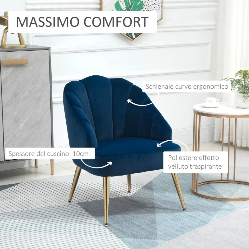 Art Deco Style Velvet Upholstered Chair with Shell Backrest for Bedroom and Living Room, 63x65x84cm