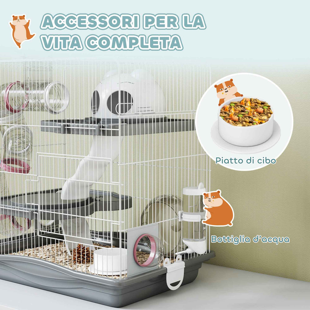 PawHut 3-Tier 14-Tube Hamster Cage with House, Ramp, and Accessories, Metal and Plastic, 45x30x45 cm, Grey