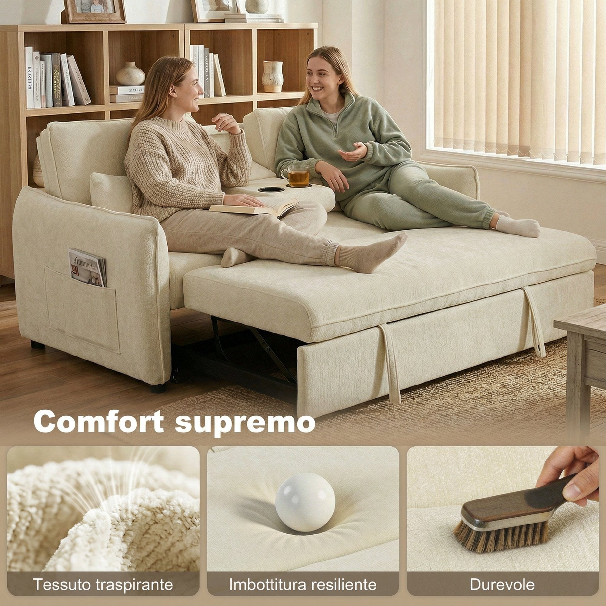 HOMCOM 3-in-1 2-Seater Sofa Bed with 3-Position Adjustable Backrest and 2 Cushions, Chenille, Beige
