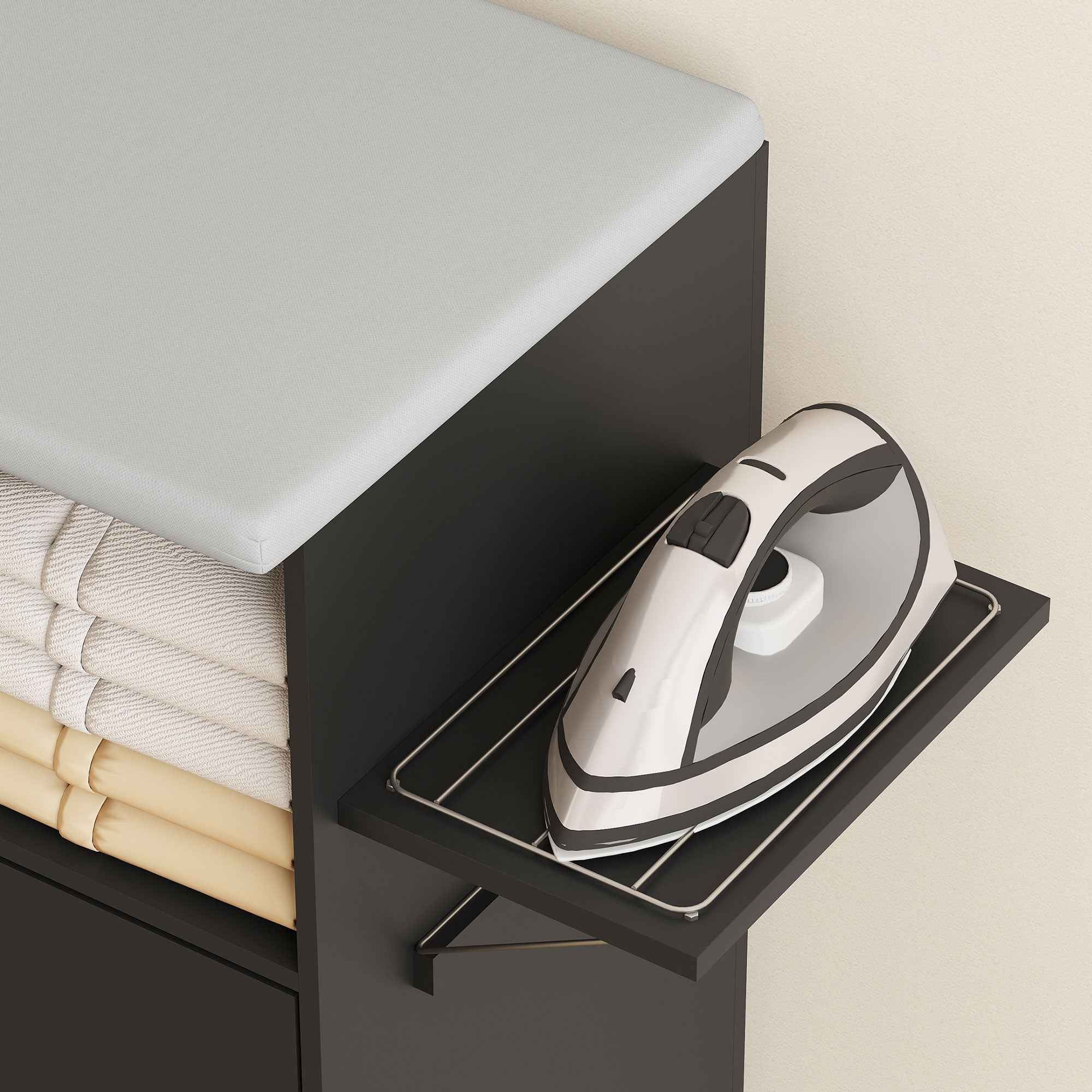 HOMCOM Ironing Board with Linen-Effect Top, 3 Cube Shelves and Rail, 127x42.5x99 cm, Black