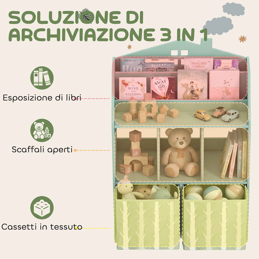 AIYAPLAY Children's Toy Storage Shelf in FSC Wood, 2 Removable Fabric Bins and Shelves, for Children's Bedroom, Green