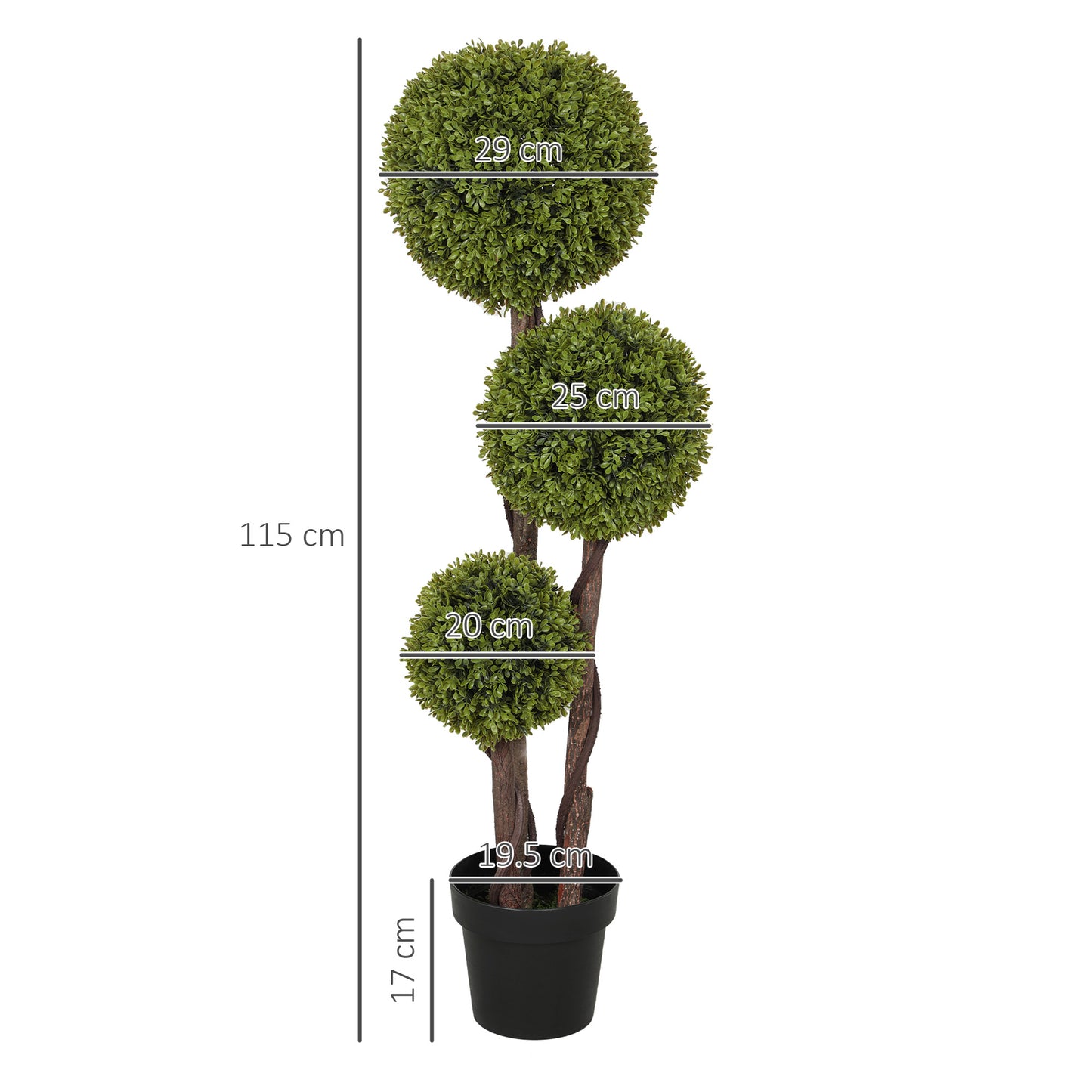 Artificial Boxwood Plant with 3 Balls and Pot Included and Reinforced Bottom, Height 115 cm