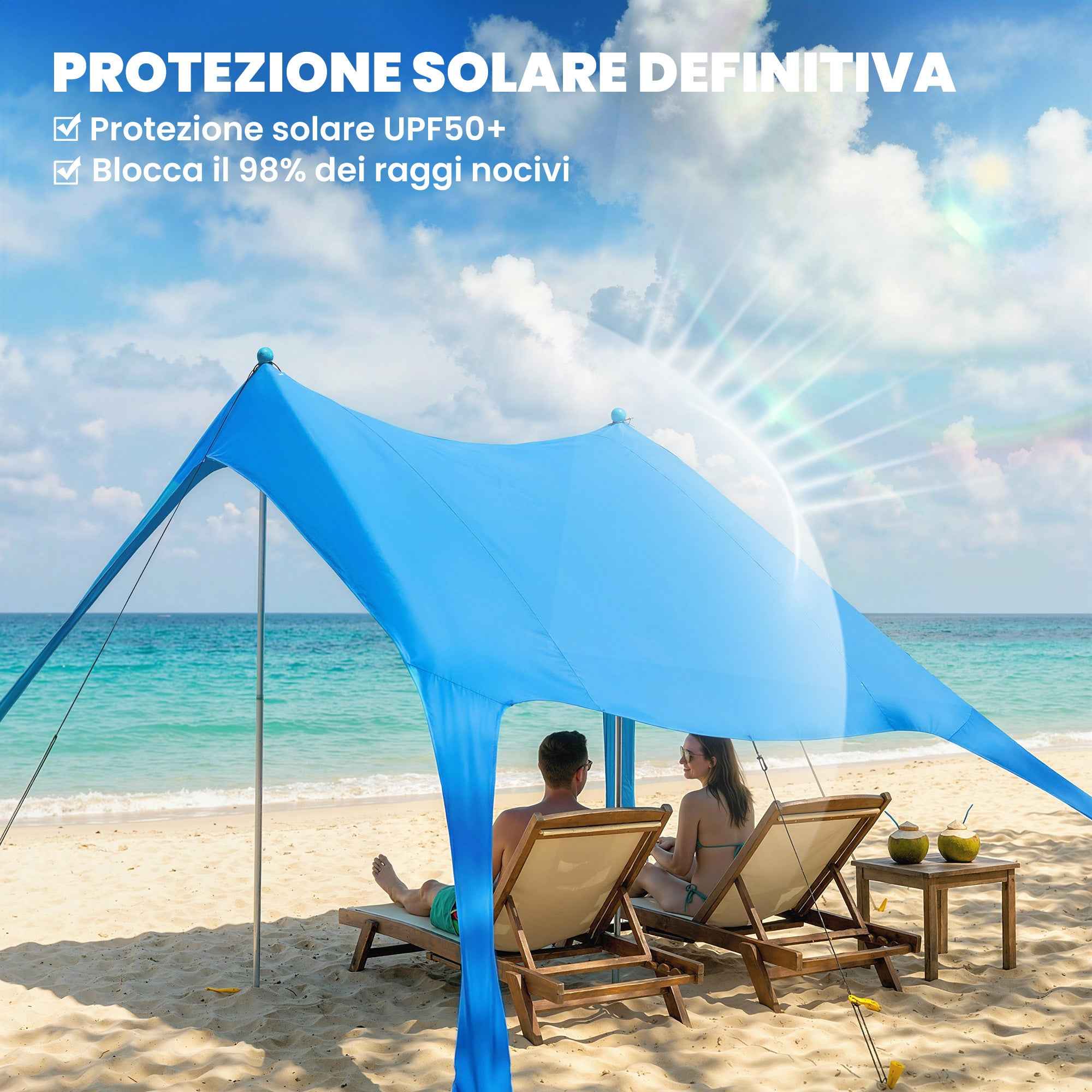 Outsunny Beach Tent 2-4 Person, Mat, Shovel, UPF50+ Sun Protection, Blue