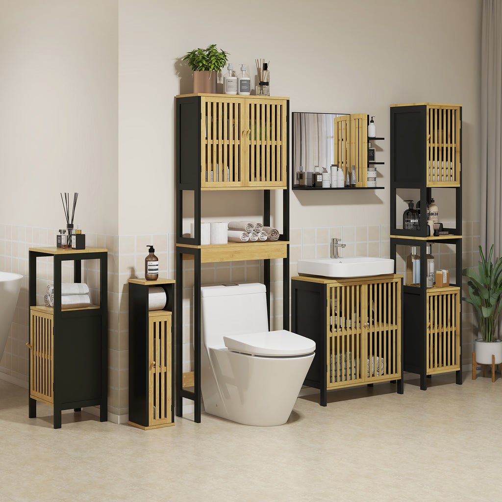 Bathroom Cabinet with Open Shelf and Cabinet, in Bamboo and MDF, 18x18x75 cm, Black and Wood color