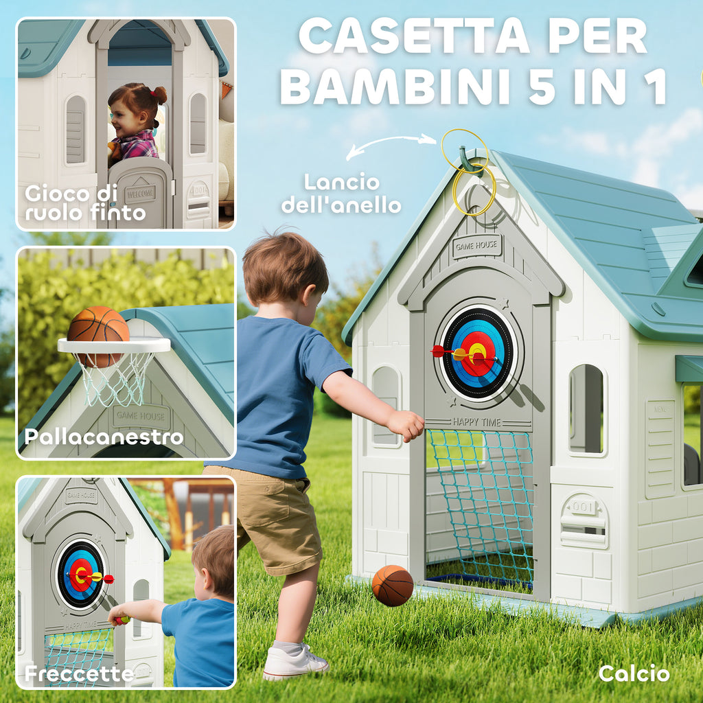 5-in-1 Children's Playhouse in Multi-Color PP with Basketball, Rings and Darts, 132x118x124 cm