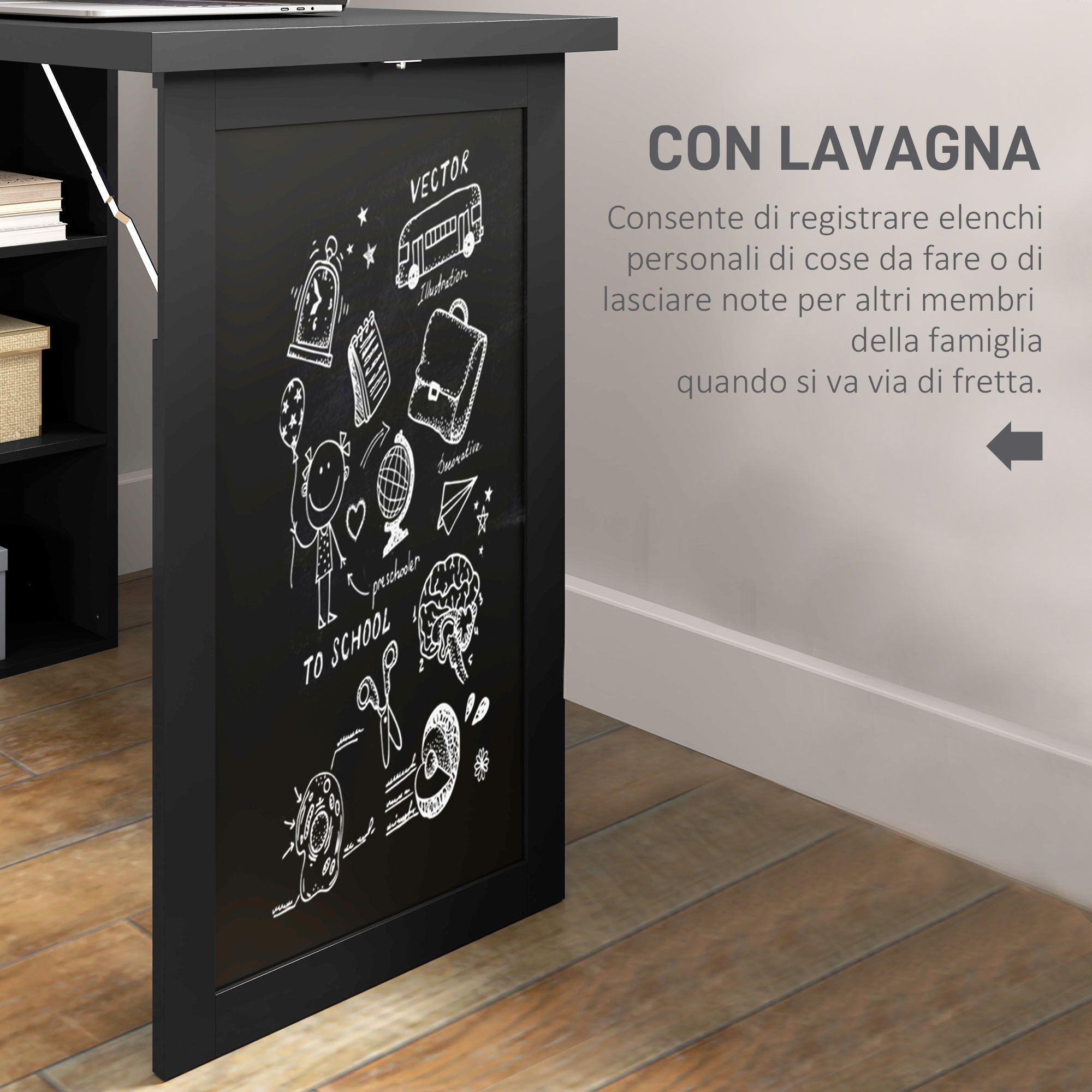 Modern Folding Desk with Bookshelf and Blackboard, Wood and Metal, 98x51x153 cm, Black