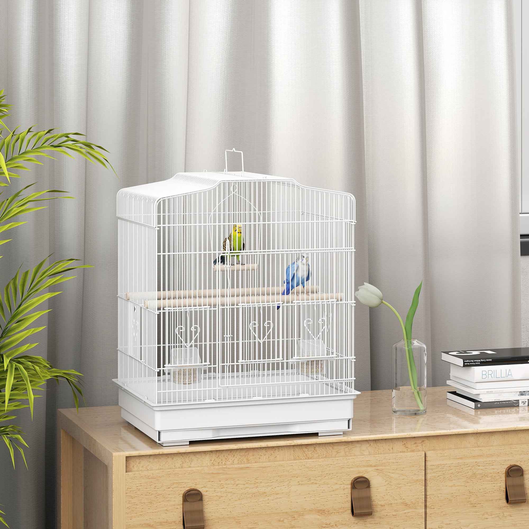 PawHut Portable Bird Cage with Handle, Removable Tray and 5 Doors, Perches and Swing, White