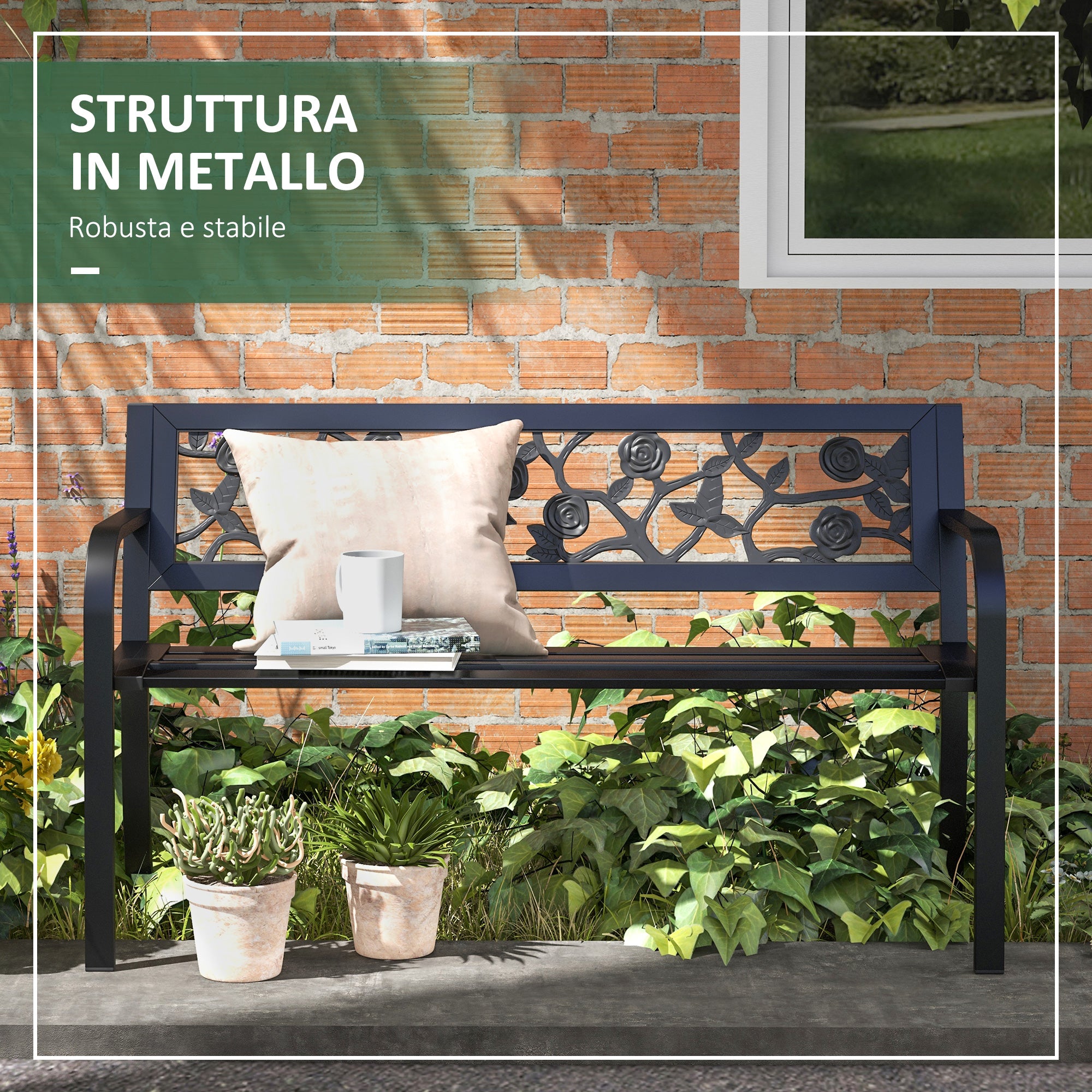 Outsunny Garden bench 2 seats in steel with decorated back and armrests, 127x50x75cm, black - Borgè