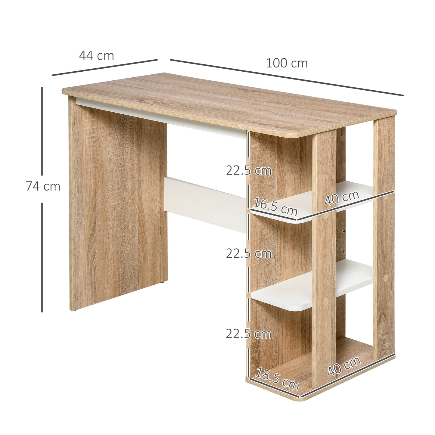 HOMCOM Modern Wooden Desk with 3-Tier Shelf, 100x44x74cm, White and Oak - Borgè