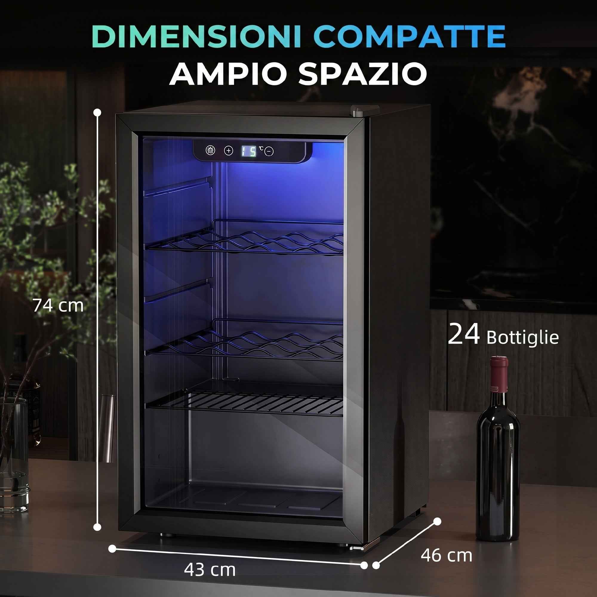 HOMCOM 24-Bottle 68L Wine Cooler, Adjustable Temperature 4-16℃, UV-Resistant Glass, Shelves, Black