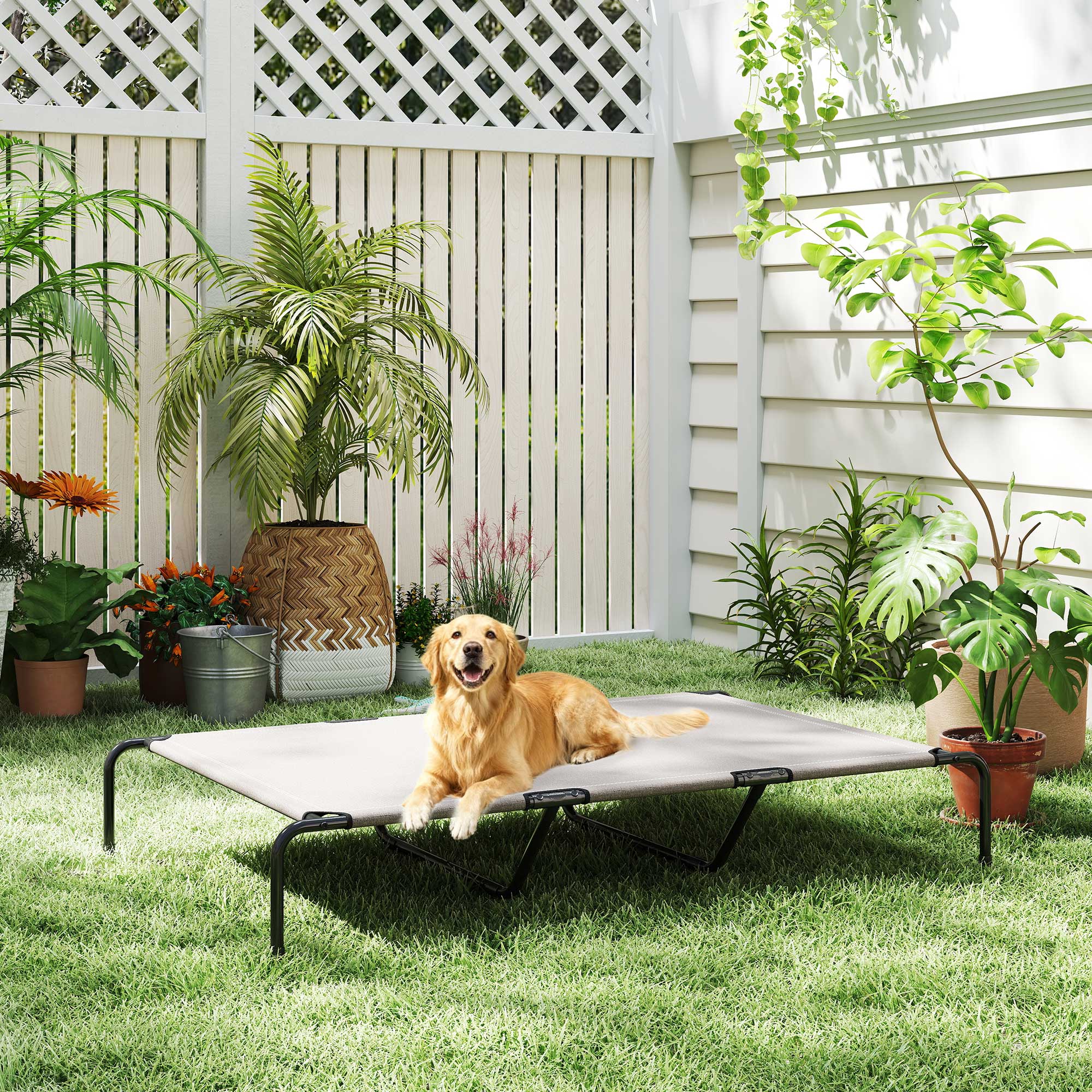 PawHut Raised Outdoor Dog Bed for Large Dogs, Made of Steel and Breathable Mesh, 152 x 94 x 23 cm, Beige