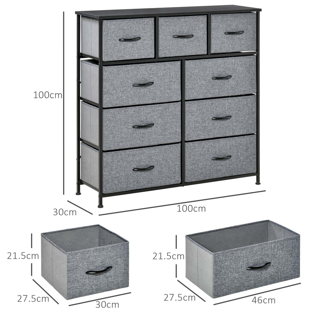 Chest of Drawers with 9 Folding Fabric Drawers and Steel and Wood Frame, 100x30x100cm, Black and Grey