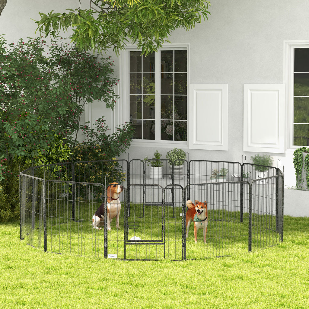 12-Panel Modular Dog Playpen, 80 x 1.5 x 80 cm, Foldable with Steel Door, 12 Pegs, Grey