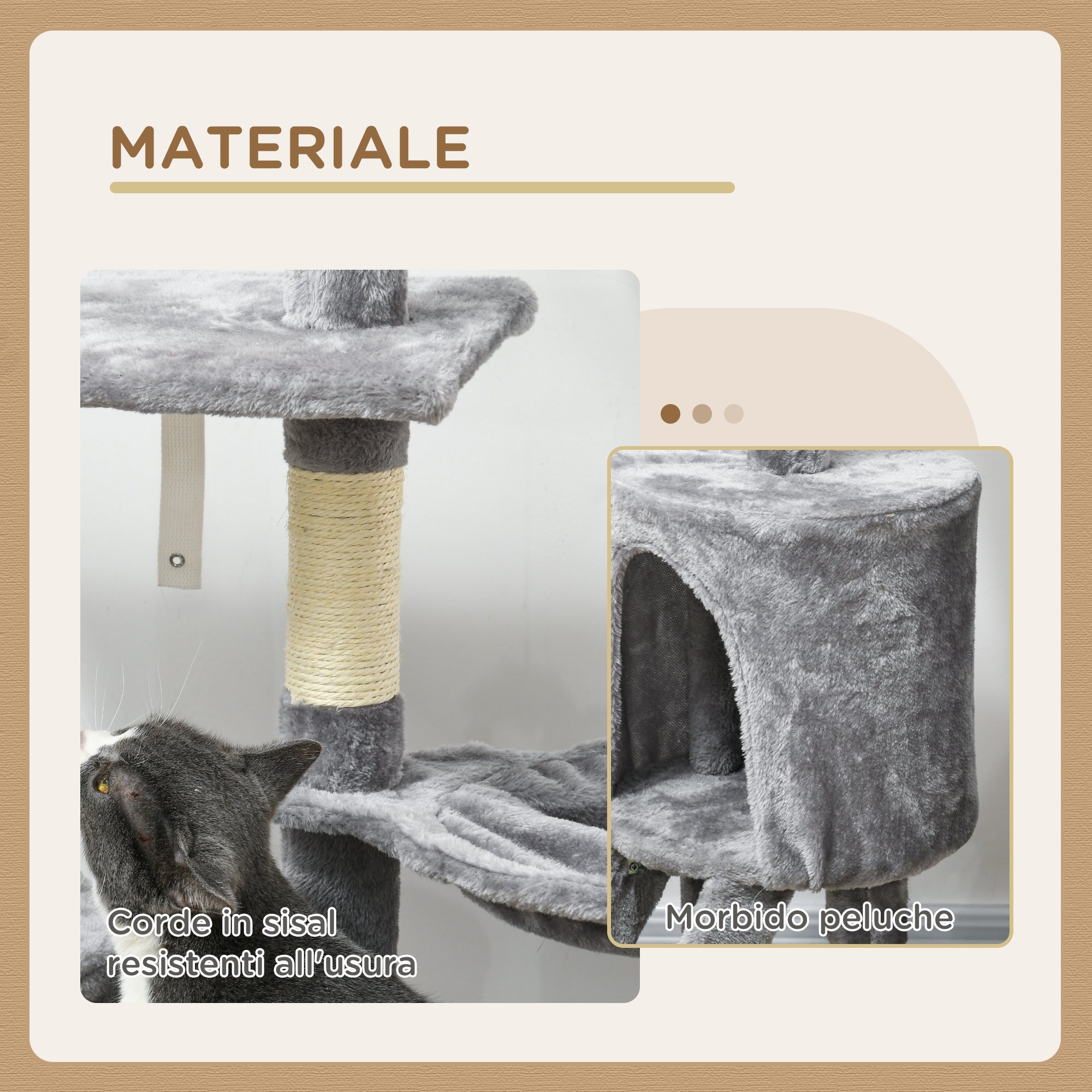 Cat Tower with House, Perch, Platforms and 4 Mice, Made of Wood, Plush and Sisal, 50x35x134.2 cm, Grey
