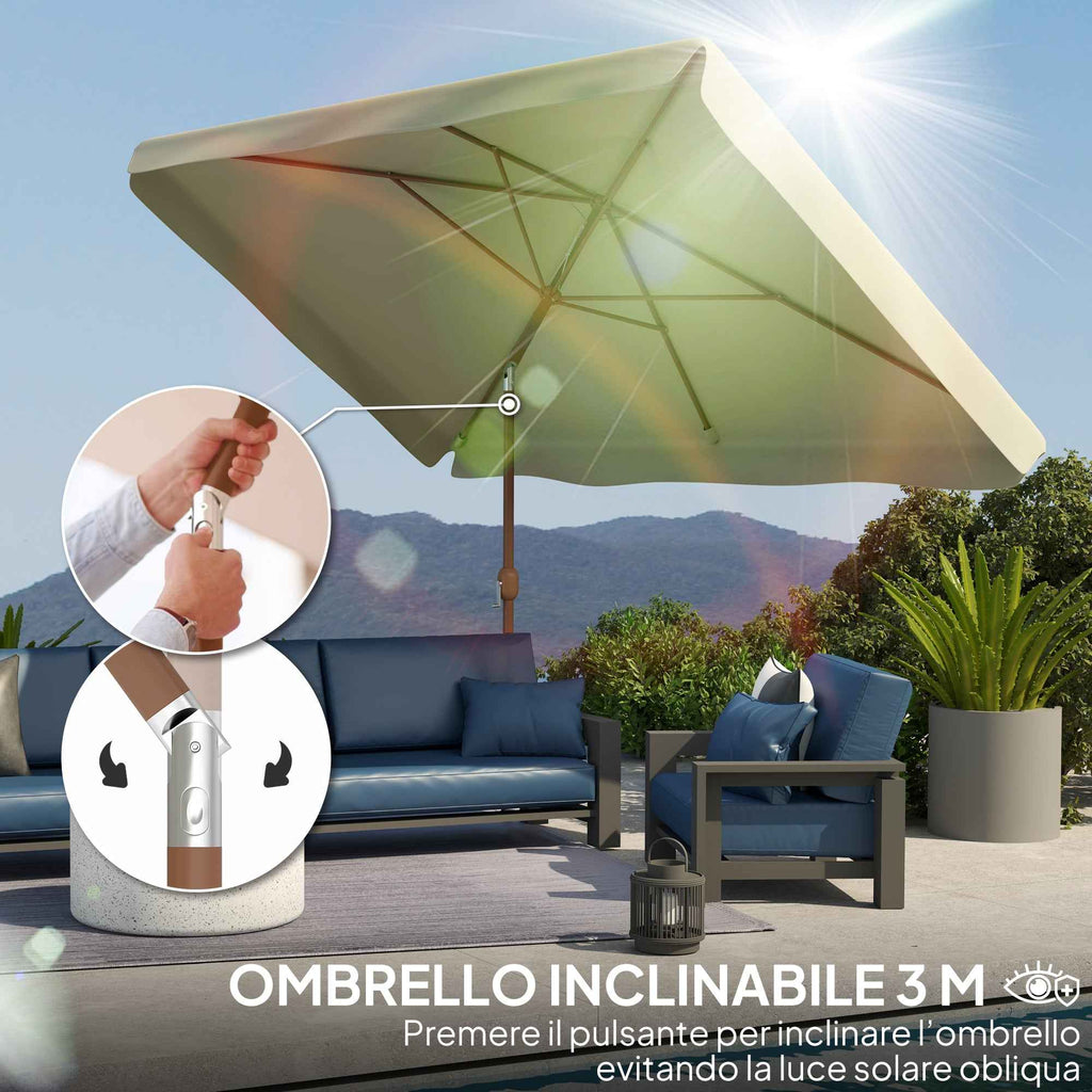 Outsunny 2x3m Rectangular Garden Umbrella with Frill Edge and Crank Handle, Metal and Polyester, Beige