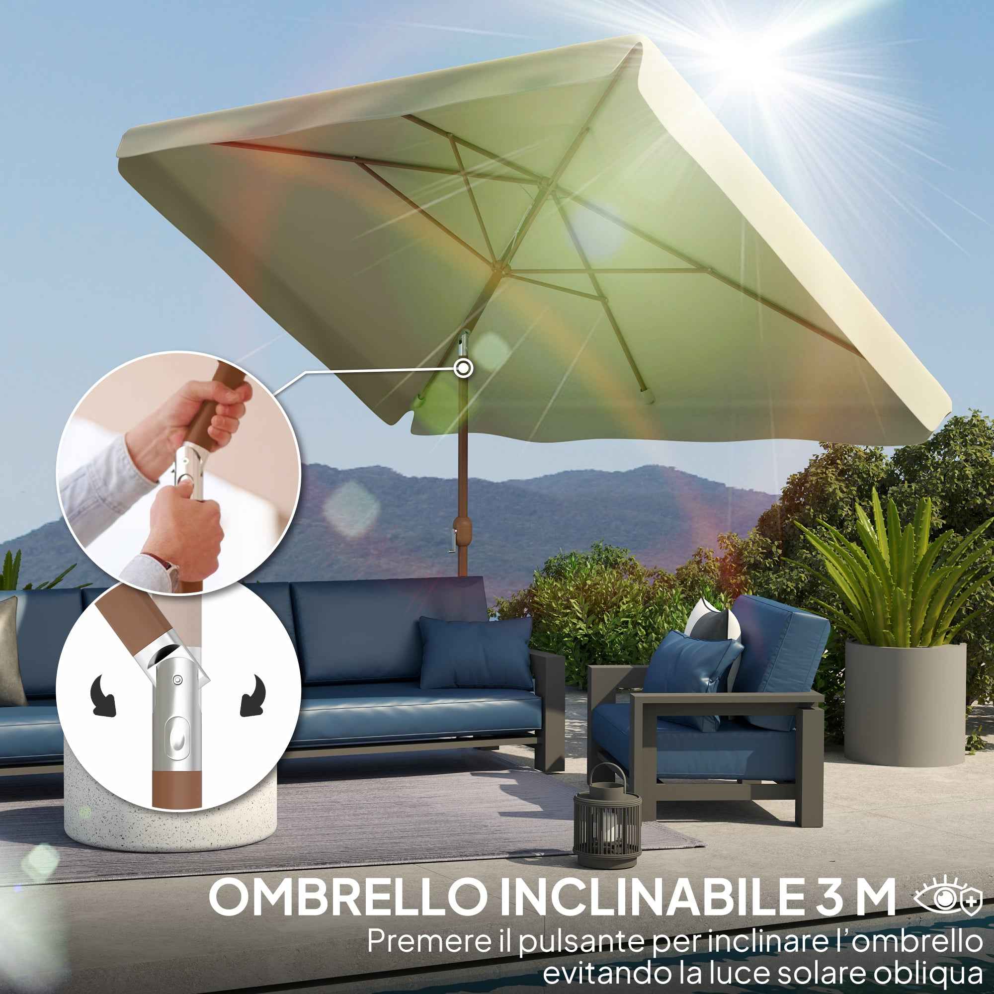 Outsunny 2x3m Rectangular Garden Umbrella with Frill Edge and Crank Handle, Metal and Polyester, Beige