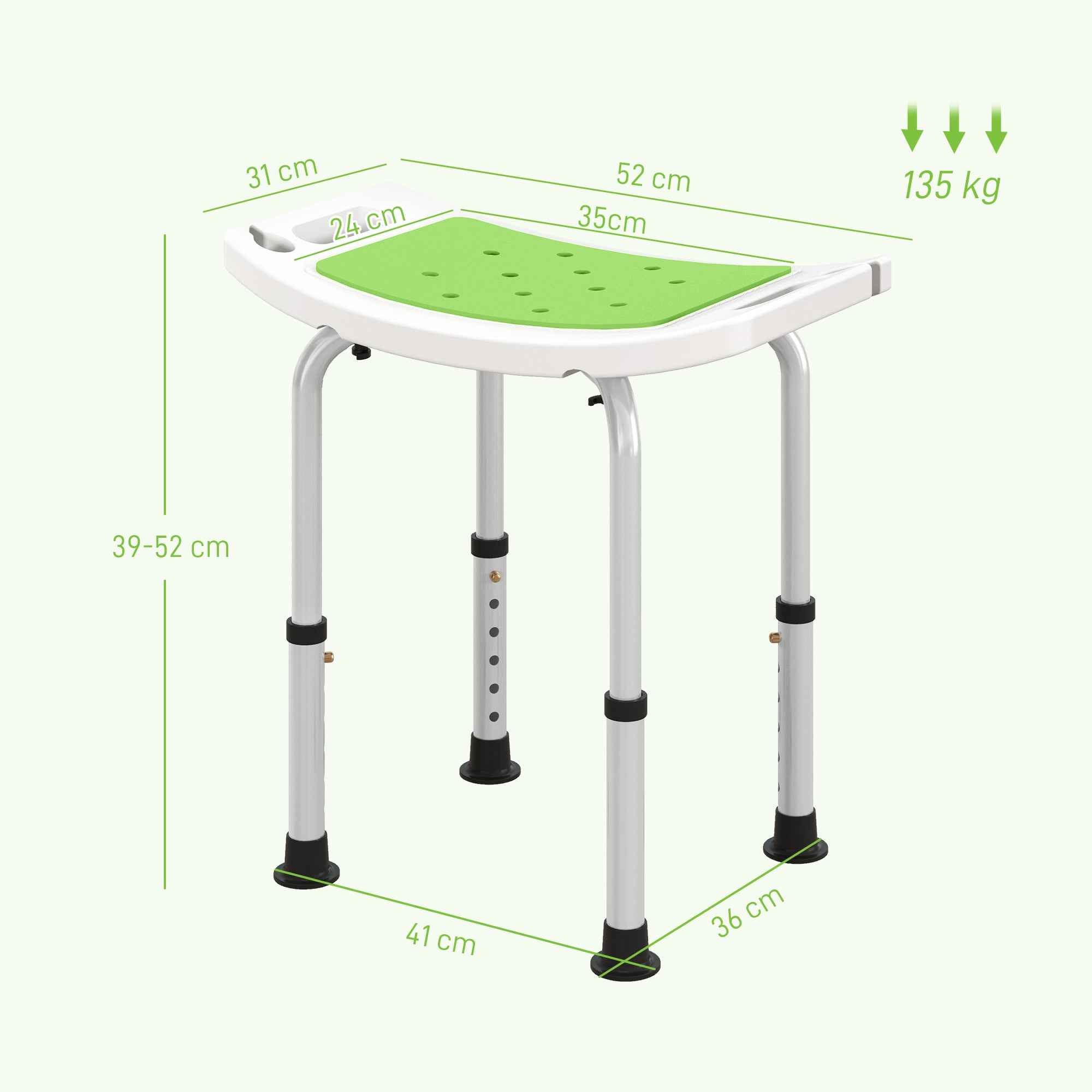 HOMCOM Shower Stool in Aluminum Alloy and Non-Slip Plastic, 6-Level Adjustable Height 39-52cm, Green