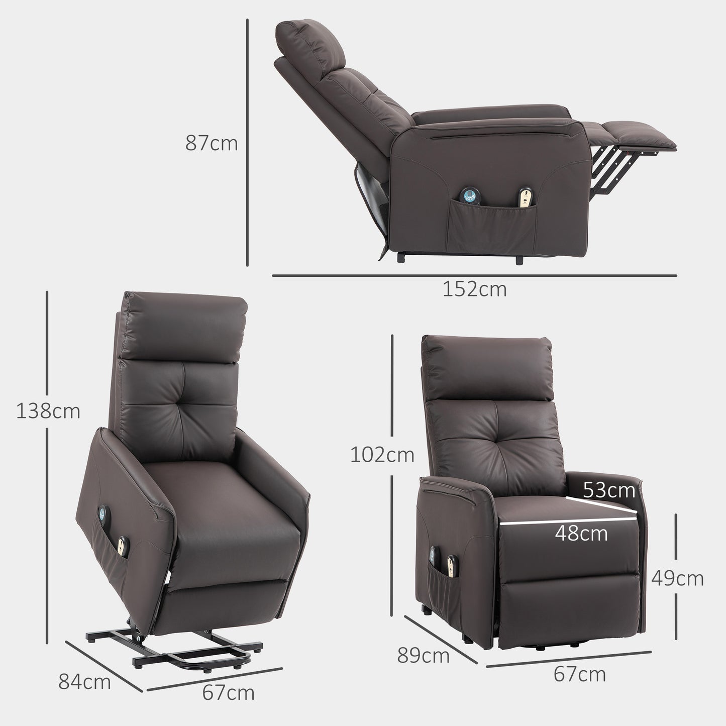 Lift and Recliner Relax Chair with 8 Massage Points and Heating, 2 Remote Controls, Brown - Borgè