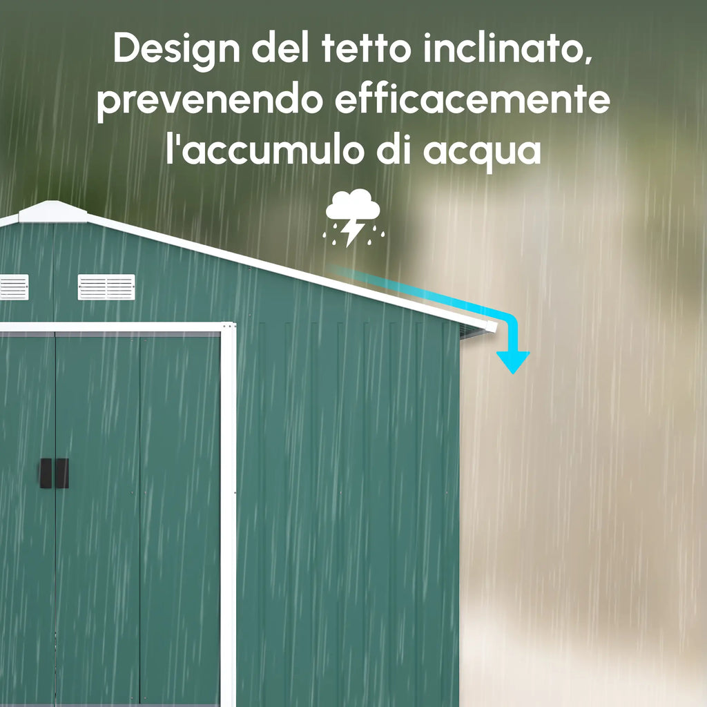 Garden Shed with 2 Sliding Doors and 4 Air Vents in Steel, 340x386x200cm, Green - Borge' Group Limited