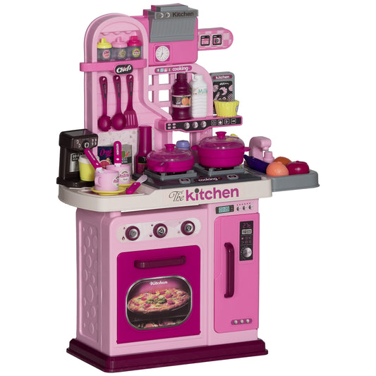 AIYAPLAY Children's Toy Kitchen of 33 Pieces with Lights, Sounds and Tap, in PP and ABS, 53x22x69 cm, Pink