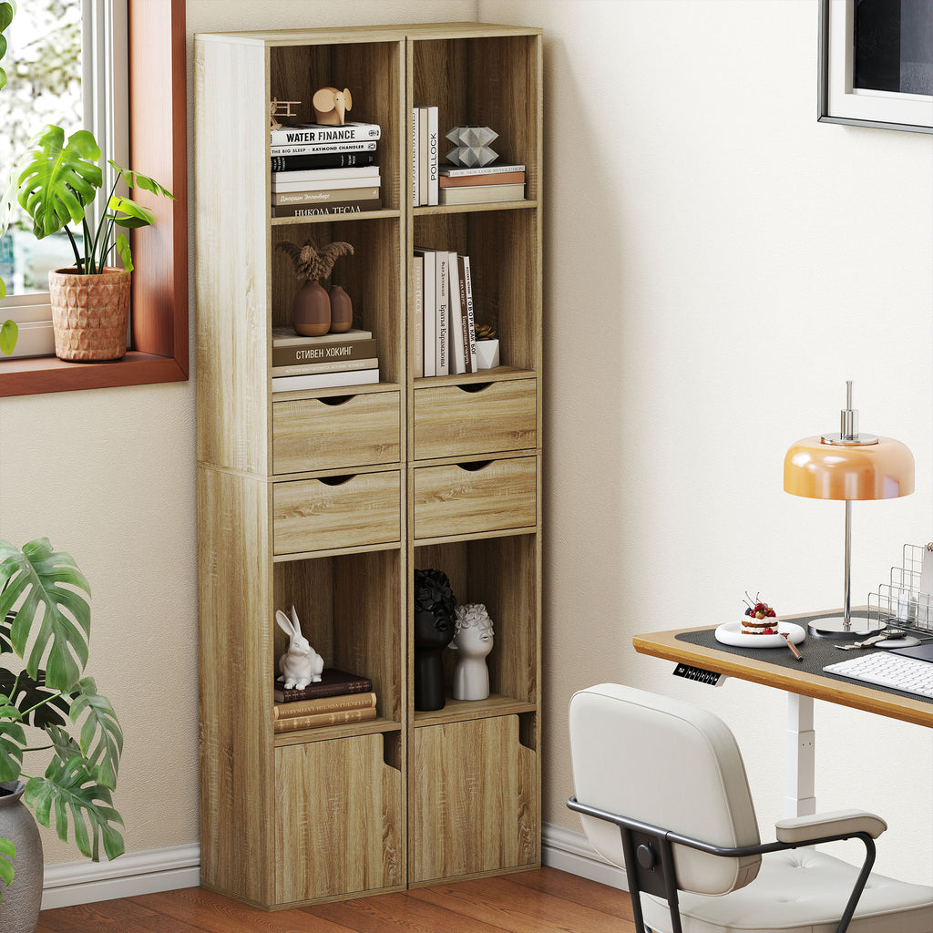 HOMCOM 6-Tier Bookcase with Drawer, Door, Open Shelves, 30x24x158 cm, Oak