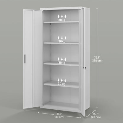 Office Cabinet with 4 Adjustable Shelves, Steel, 80x40x180 cm, White