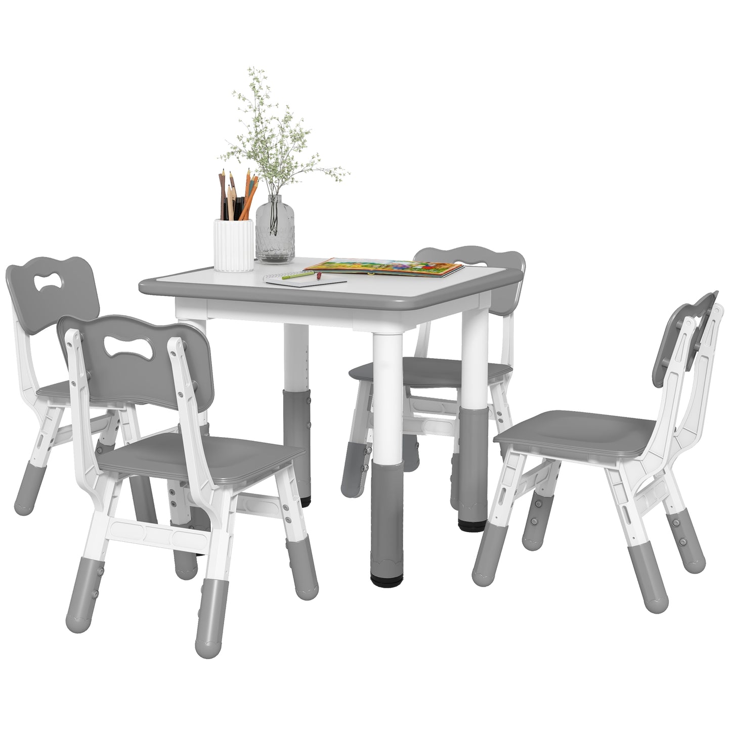 Children's Table and Chair Set 5pcs with 4 Adjustable Chairs 32x36x52. 5-56 cm and Table 60x60x46-58 cm, Grey