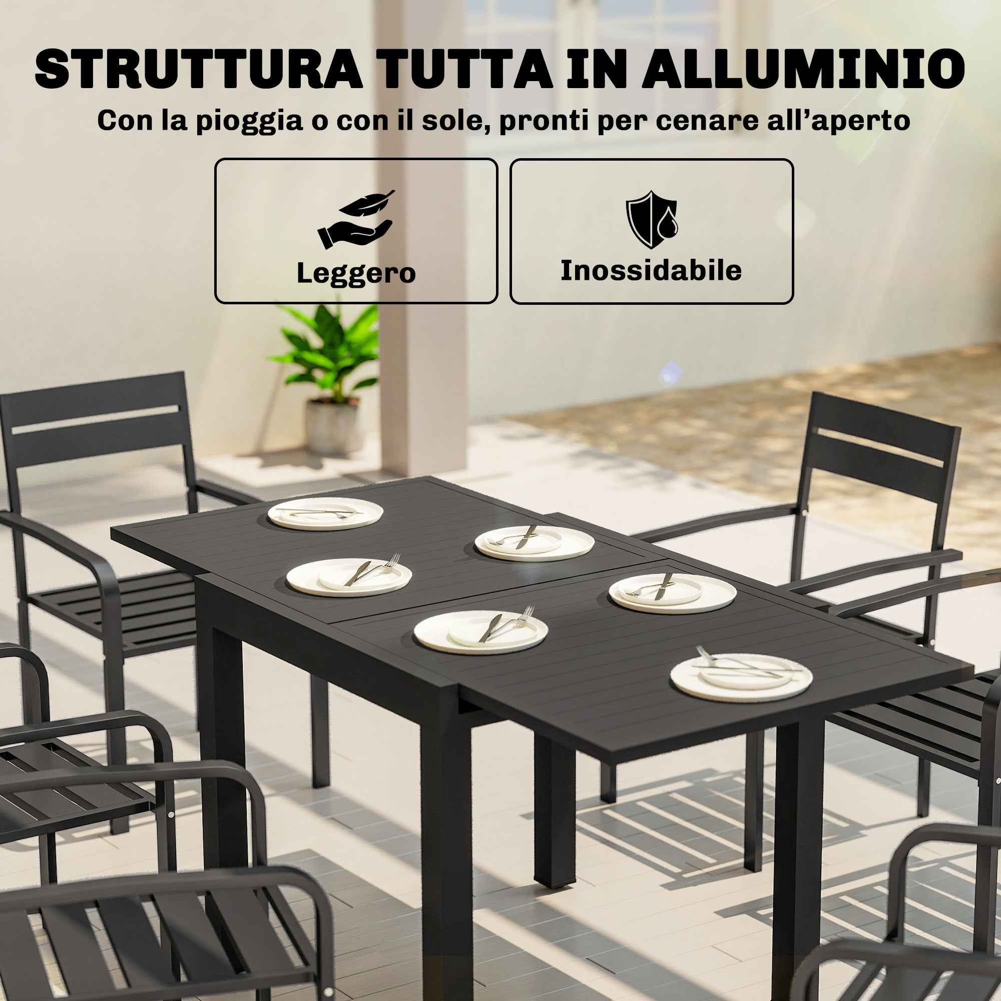 Outsunny Extendable Slatted Garden Table for 4-6 People, Aluminum, 80-160x80x75 cm, Black