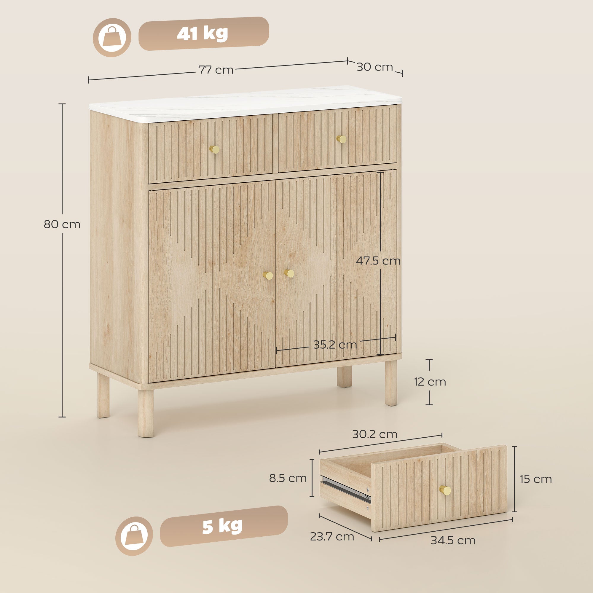 Wooden Sideboard with 2 Drawers, Cabinet and Marble Effect Top, 77x30x80 cm, Oak Color