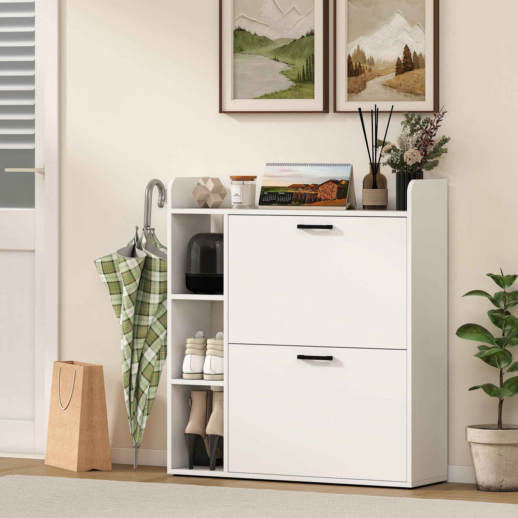 HOMCOM Slim Shoe Rack with 2 Tilting Drawers and 3 Open Compartments, Capacity 15 Shoes, 83x24x90.5 cm, White
