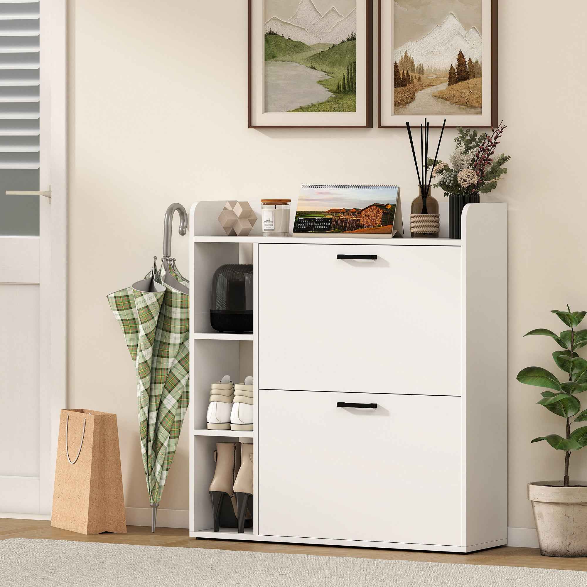 HOMCOM Slim Shoe Rack with 2 Tilting Drawers and 3 Open Compartments, Capacity 15 Shoes, 83x24x90.5 cm, White
