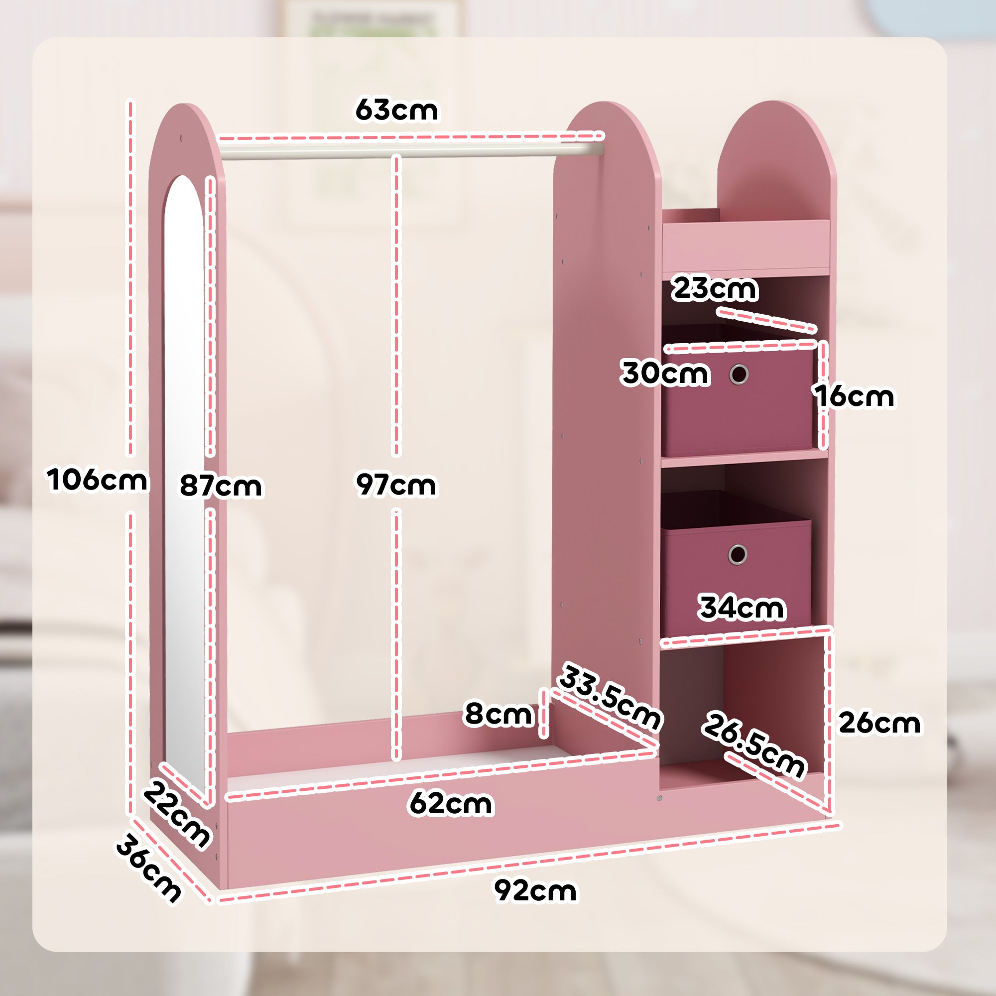 Children's Coat Rack Open Wardrobe with Shelves, Boxes, and Wooden Mirror, Pink