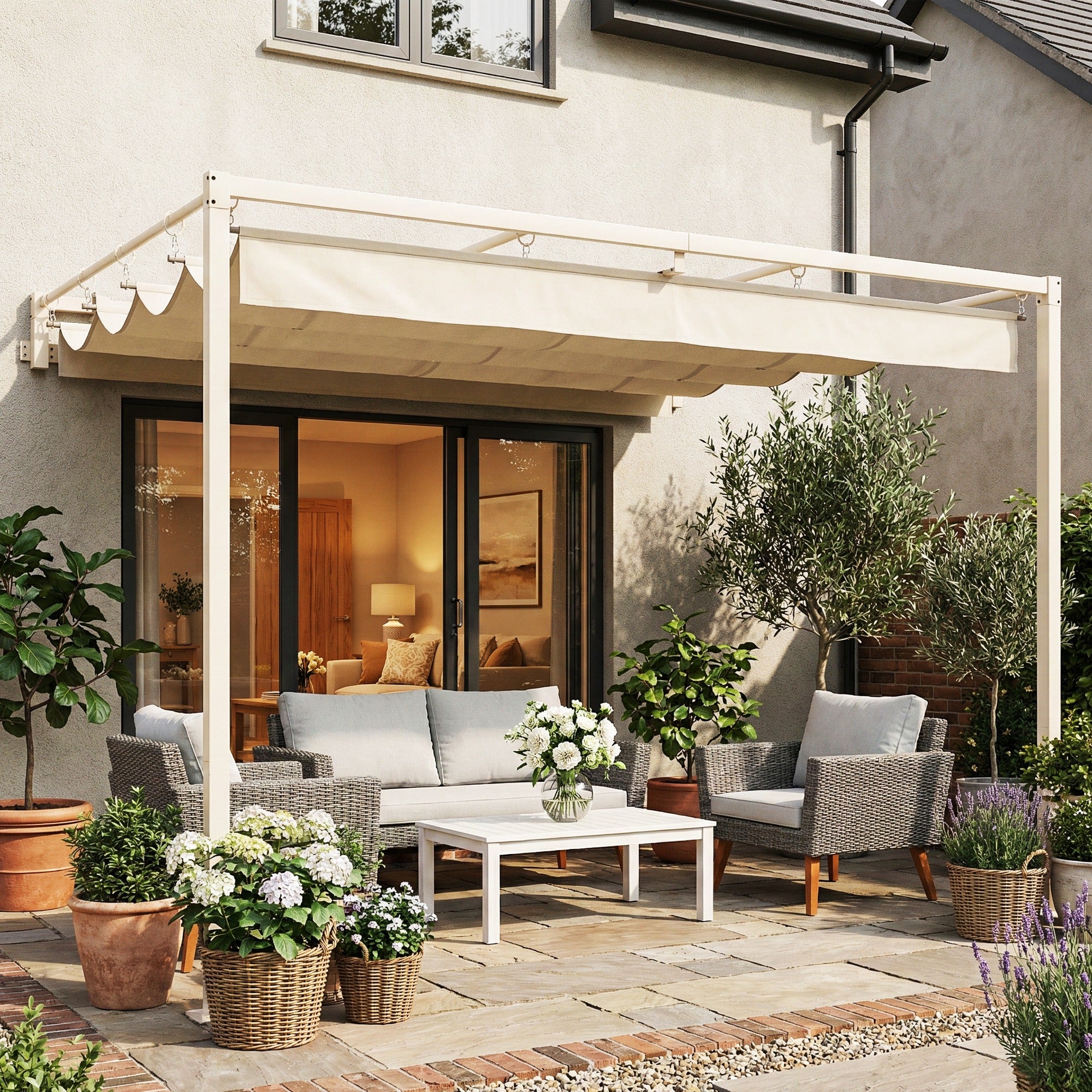 Outsunny 3x3m Lean-to Pergola with Retractable Sliding UV30+ Roof and Drainage Holes, Beige