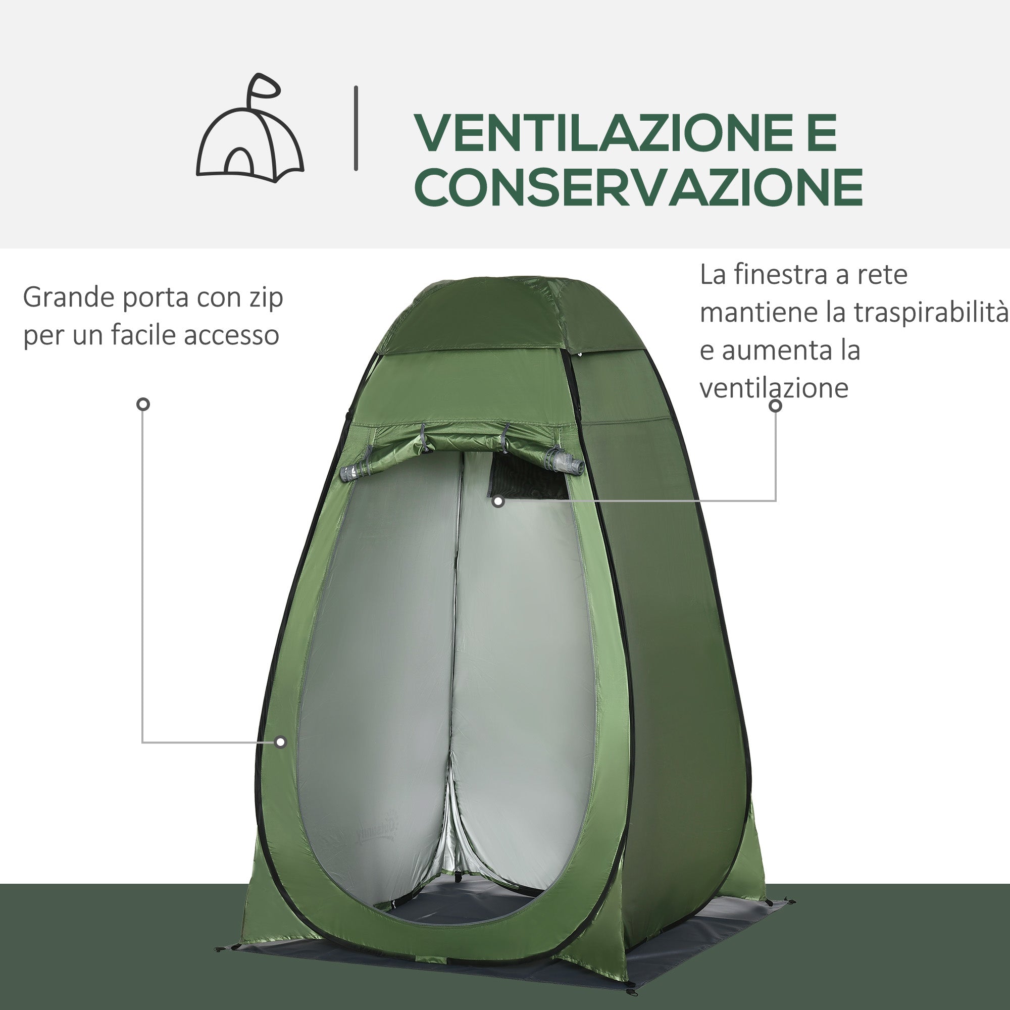 Camping and Beach Shower Tent with Zipper Door and Transport Bag, 126x124x189 cm, Dark Green
