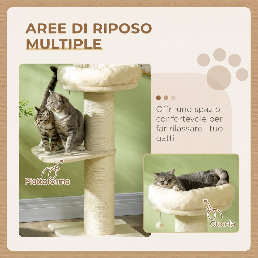 PawHut Cat Scratching Post, 105cm Tall, with Sisal Scratching Post, Basket, Hanging Ball, Plush Toy, Beige